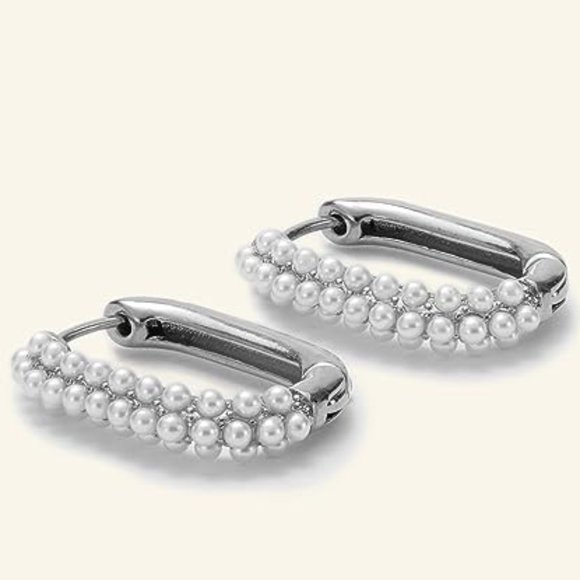 Silver w/ Pearl Rectangle Hoops Rectangular Pretty Hoop Earrings Pave Pearls New - Picture 5 of 9